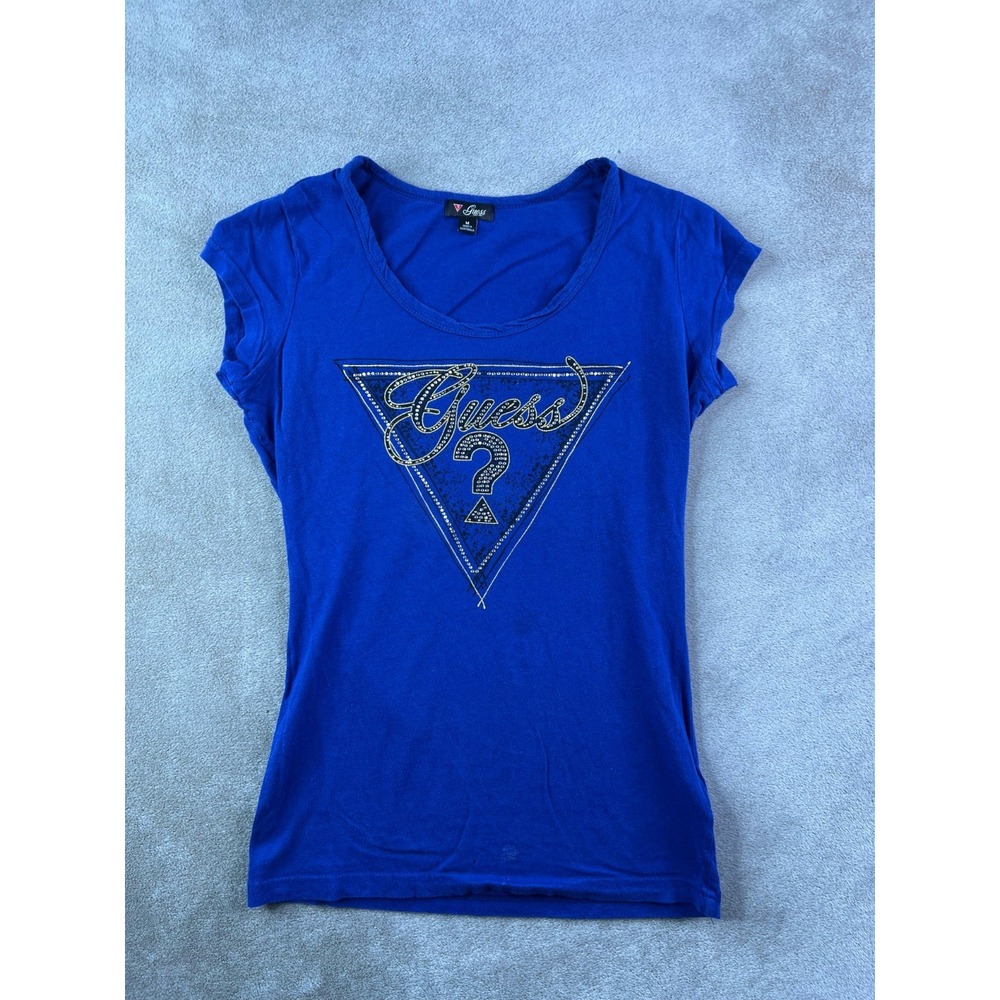 Guess Top Women Medium Royal Blue Graphic Rhinestone Cap Sleeve Preppy Boho Chic